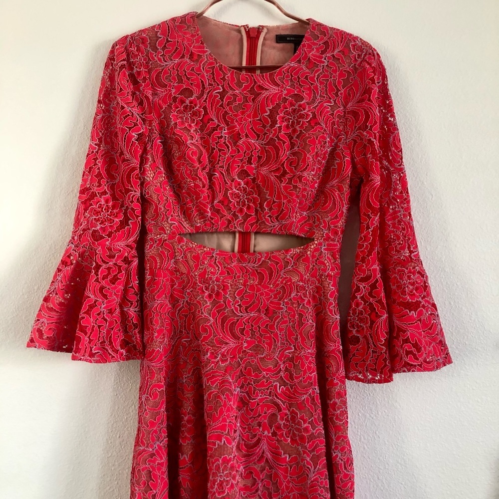 NWOT bcbg maxazria red lace cutout dress size 2